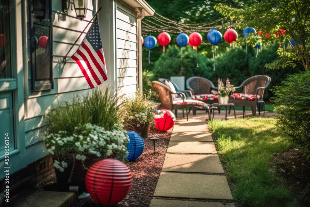 Patriotic 4th of July decor on house porch backyard, Memorial Day. Generative AI