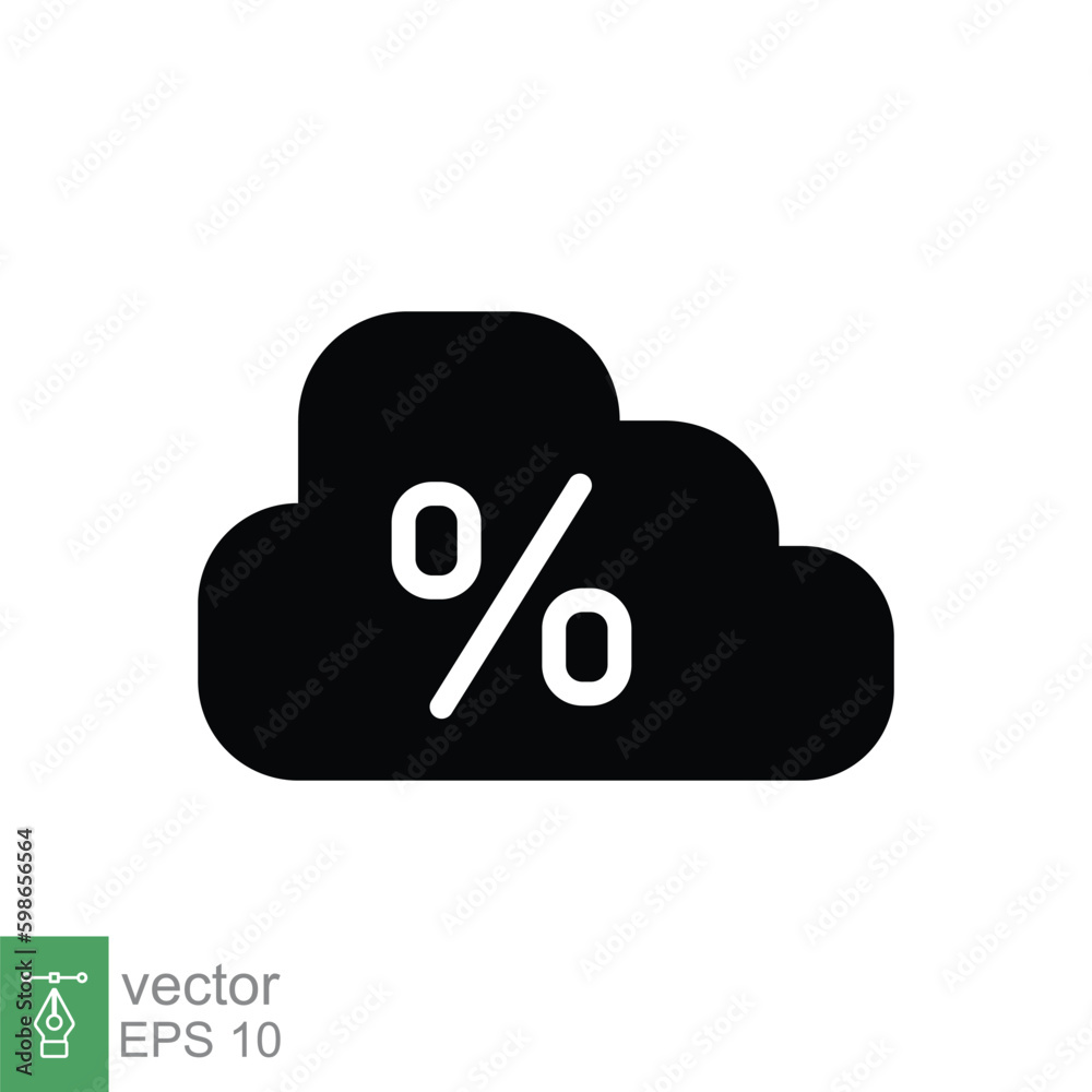 Percent and cloud icon. Simple flat style. Cloud computing concept. Black silhouette symbol. Vector symbol illustration isolated on white background. EPS 10. Percent and cloud icon. Simple flat style. Cloud computing concept. Black silhouette symbol. Vector symbol illustration isolated on white background. EPS 10.