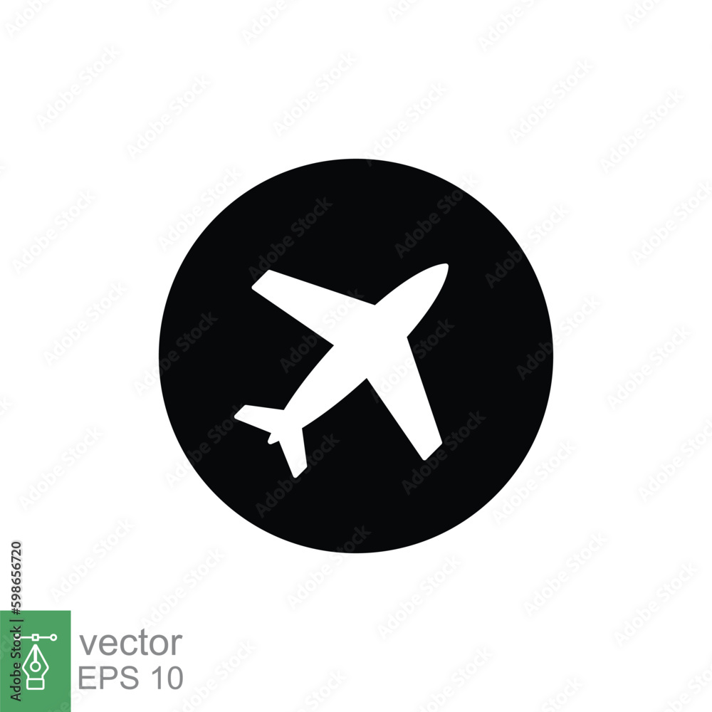 Plane icon. Simple flat style. Flight transport, airport sign in circle, transportation concept. Black silhouette symbol. Vector symbol illustration isolated on white background. EPS 10.