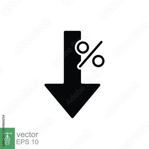 Interest rate reduction icon. Simple flat style. Percent down, reduce, low, decrease concept. Black silhouette symbol. Vector symbol illustration isolated on white background. EPS 10.