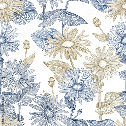  Floral seamless pattern. Background with daisies. Hand-drawn. Graphics. Engraving