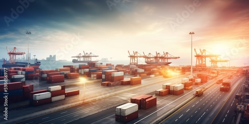 AI Generative. AI Generated. Photo Realistic shot of sea port cargo with ships and containers. Logistic business transportation doc. Graphic Art