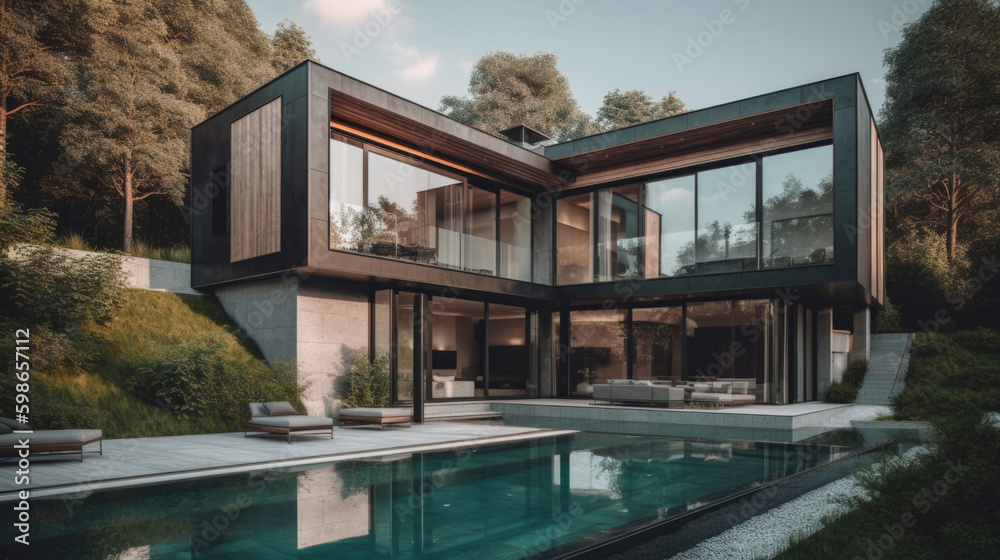a modern luxurious villa in the evening. Generative AI a modern luxurious villa in the evening. Generative AI