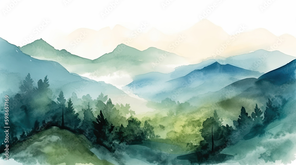 beautiful mountain panorama painted with watercolors. Generative AI