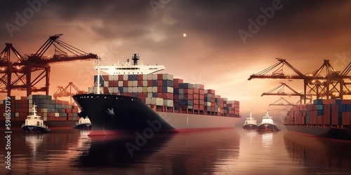 AI Generative. AI Generated. Photo Realistic shot of sea port cargo with ships and containers. Logistic business transportation doc. Graphic Art