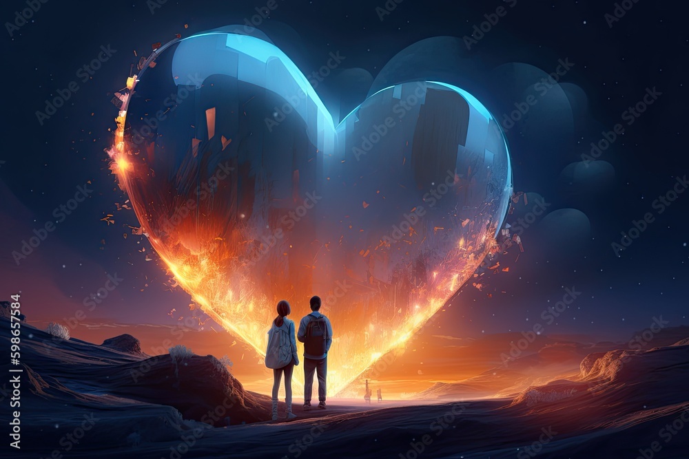 Romantic illustration of a couple looking at a big heart. Generative AI Romantic illustration of a couple looking at a big heart. Generative AI