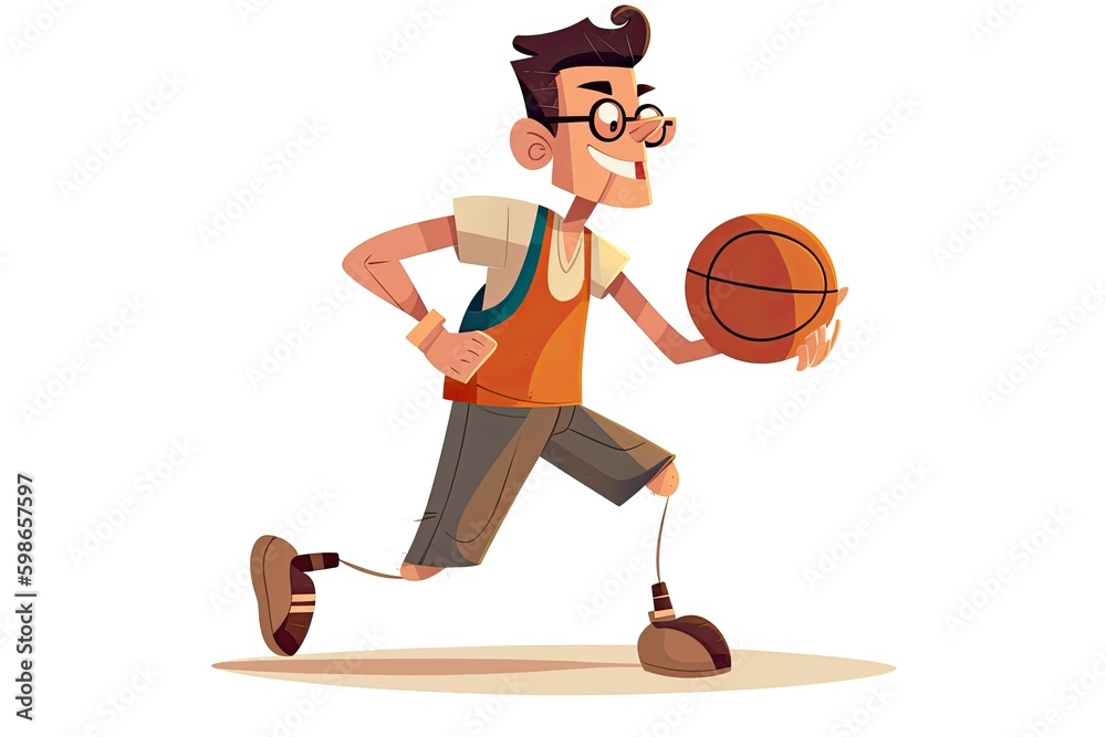 A man in glasses with a ball in his hands plays basketball, a cartoon illustration. Generative AI