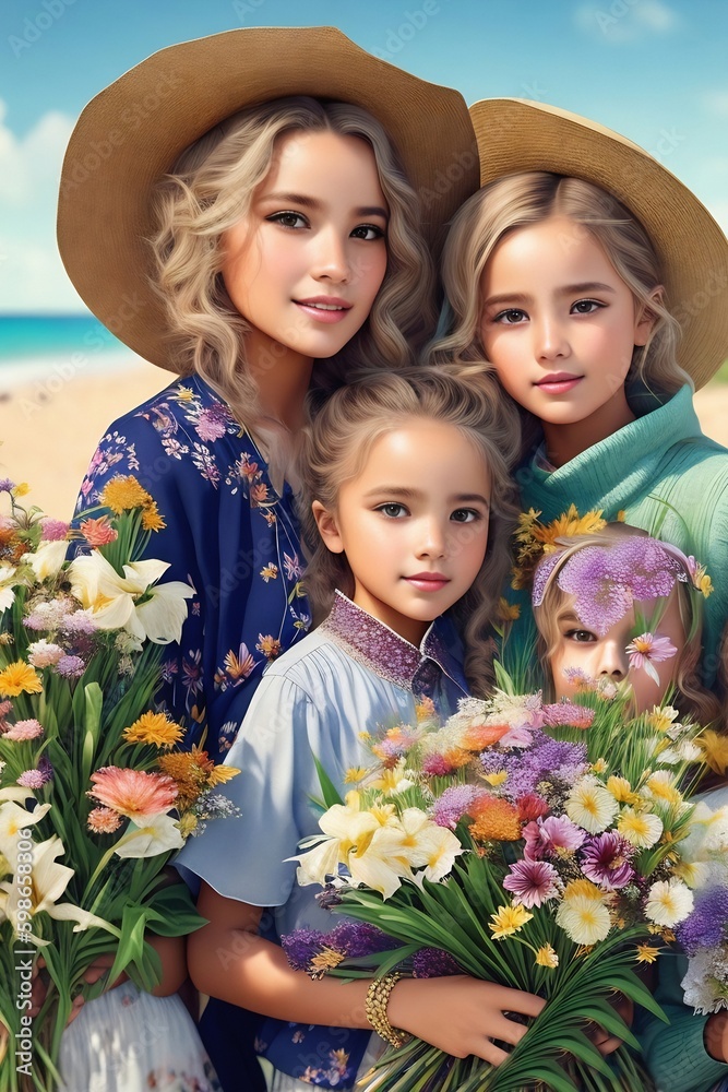 Portrait of a mother with her childrens. Beautiful mother with blonde hair and a young daughters pose for a mother's day photo. Beach and sea in the background. Illustration Concept art. Generative AI