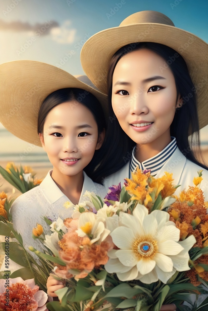 Portrait of a mother with daughter.Beautiful asian mother with her young daughter pose for a mother's day photo.Spring season. Beach and sea in the background.Illustration Concept art.Generative AI Portrait of a mother with daughter.Beautiful asian mother with her young daughter pose for a mother's day photo.Spring season. Beach and sea in the background.Illustration Concept art.Generative AI