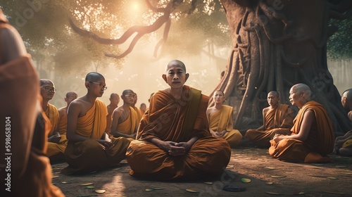 Fantasy Lord of Buddha Enlightenment meditating sitting with crowd of monk under bodhi tree for Makha, Visakha