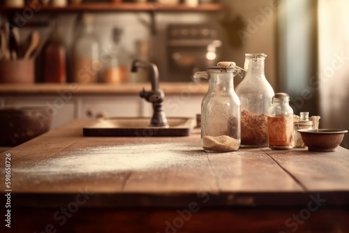 Old tabletop for product display over defocused vintage kitchen background Generative AI