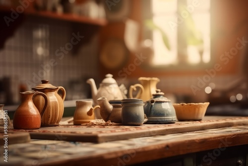 Old tabletop for product display over defocused vintage kitchen background Generative AI