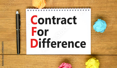 CFD symbol. Concept words CFD contract of difference on beautiful white note. Beautiful wooden table wooden background. Business and CFD contract of difference concept. Copy space. © Dzmitry