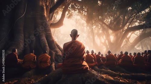 Fantasy Lord of Buddha Enlightenment meditating sitting with crowd of monk under bodhi tree for Makha, Visakha © Salsabila Ariadina