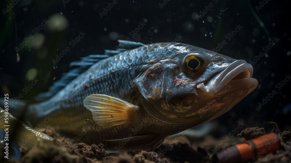Ein tropischer Fisch im offenen Meer umgeben von Plastikmüll. Ein tropischer Fisch im offenen Meer umgeben von Plastikmüll.