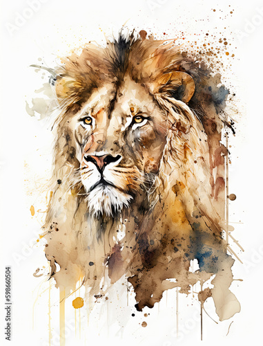 Watercolor Lion Illustration Isolated on White Background. Colorful Digital Animal Art