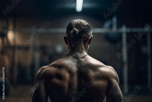 Chico con tatuajes haciendo crossfit en el gimnasio photo