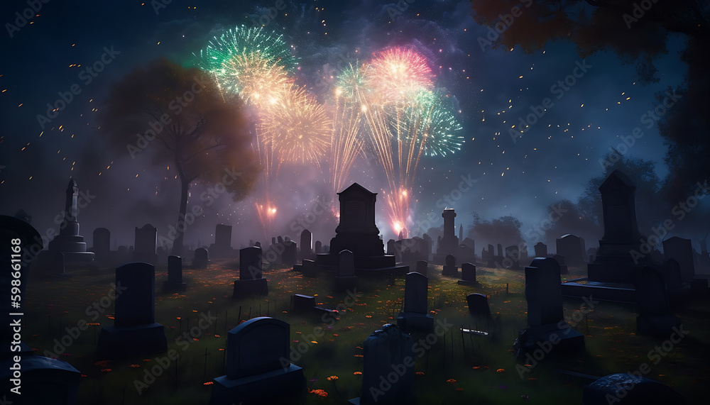 Dark and gloomy graveyard with a burst of bright and colorful fireworks exploding above. The fireworks illuminate the gravestones in a surreal and eerie way, generative ai Dark and gloomy graveyard with a burst of bright and colorful fireworks exploding above. The fireworks illuminate the gravestones in a surreal and eerie way, generative ai