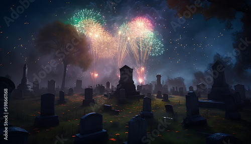 Dark and gloomy graveyard with a burst of bright and colorful fireworks exploding above. The fireworks illuminate the gravestones in a surreal and eerie way, generative ai