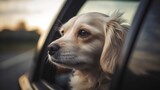 The dog sits in the car and looks out the window. Traveling with animals. AI generation