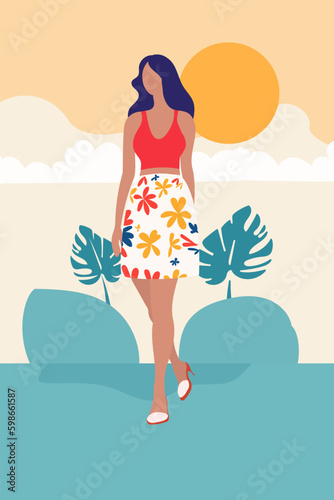 Woman in minimalism flat style, bright and colorful on the background of the sea, can be used for home poster, postcard