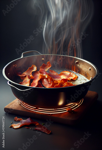 Hot fried bacon pieces in a cast iron skillet