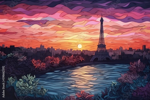 Paper cut 3d illustration of Paris, Eiffel Tower, with dark sunset, generative ai