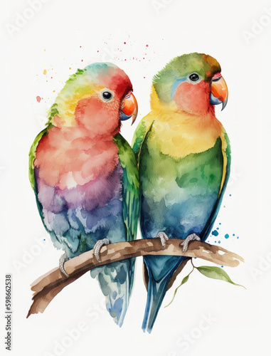 Watercolor Parrots Illustration Isolated on White Background. Colorful Digital Animal Art