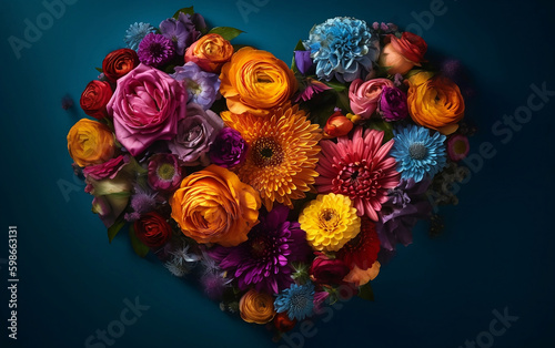 Heart shape made of flowers on a blue background, Generative AI.