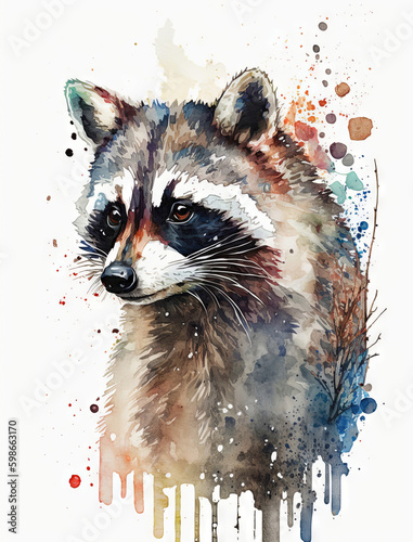 Watercolor Raccoon Illustration Isolated on White Background. Colorful Digital Animal Art