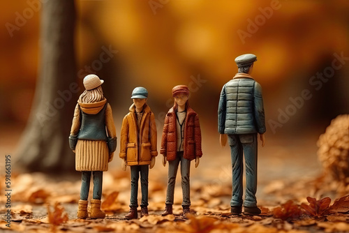 Miniature people figurines of parents and children do not understand each other on walk in park. The concept of problem of intergenerational relations, created with Generative AI.