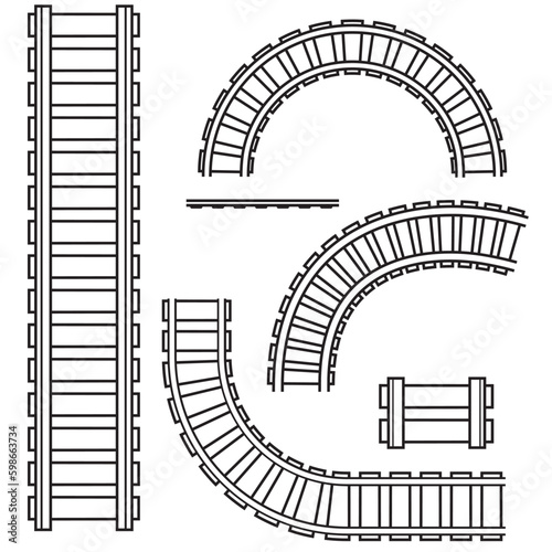 Curved railway, rails. Vector isolated illustration black outline coloring