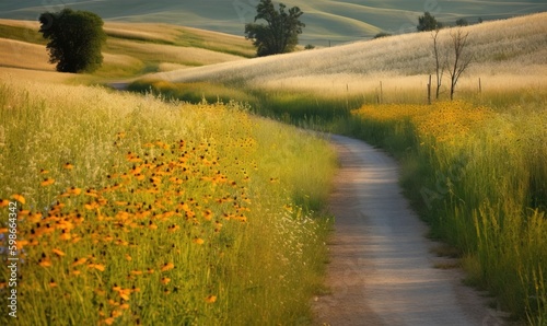  a dirt road running through a lush green field with wildflowers.  generative ai