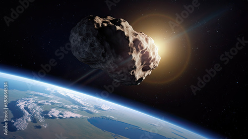 Big and small asteroids near planet Earth. Potentially hazardous asteroids (PHAs). Asteroids in outer space near Earth planet. Meteorit is solar system.