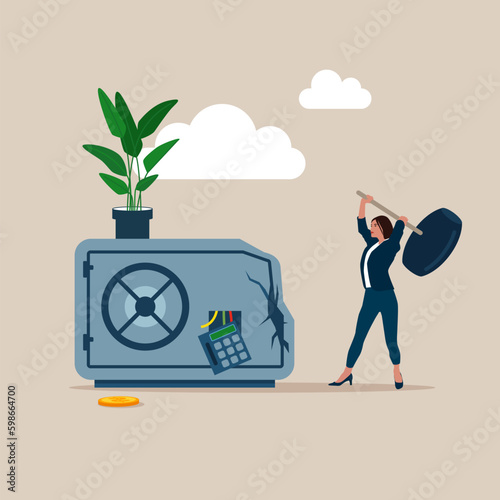 Female  uses sledgehammer and breaks safe. Breaking the law. Theft and property crime. Money problems. Flat vector illustration