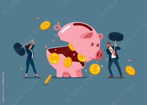 Business people with sledgehammers about to break pink piggy bank to find money. Flat vector illustration.