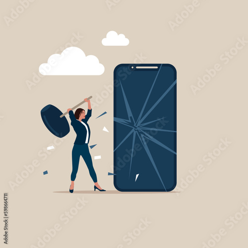 Female  uses sledgehammer and breaks smartphone. Internet addiction. Frustrated smartphone user. Office life makes him crazy. Slow internet connection. Dealing with error. Vector illustration