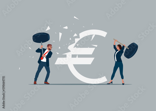 Business people  uses sledgehammer and attack euro sign. Flat vector illustration.