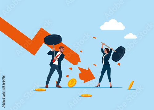 Business people  uses sledgehammers and breaks falling chart. Restraint fall in stock quote. Economic crisis. Flat vector illustration