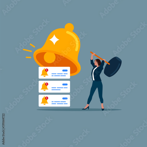 Woman ring bell using sledgehammer. Sets up notifications and alarm clock. Schedule, planner of meetings and work. Time management. Flat vector illustration.