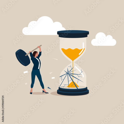 Female smashes hourglass using sledgehammer. Deadline or time management. Final countdown. Flat vector illustration