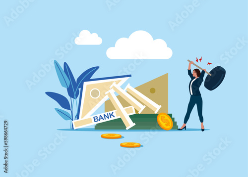 Woman  uses sledgehammer and breaks bank department. Financial crisis and Global economic money problem, Bankruptcy unpaid loan debt, investment failure. 