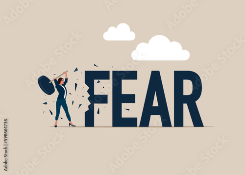 Female holding sledgehammer hitting FEAR word. Overcoming fear concept. Flat vector illustration