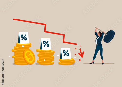 Female  uses sledgehammer and breaks falling chart. Interest downgrade hike due to inflation. Restraint fall in stock quote. Economic crisis. Flat vector illustration