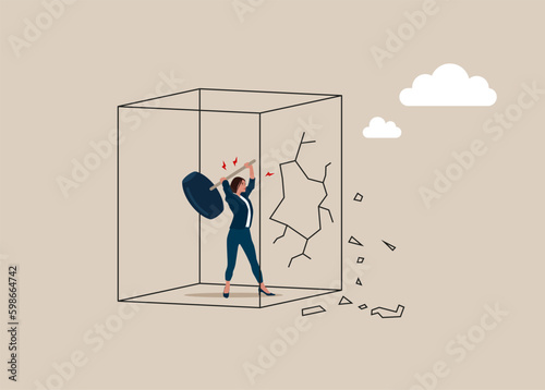 Female holding sledgehammer to break glass cube. Flat vector illustration