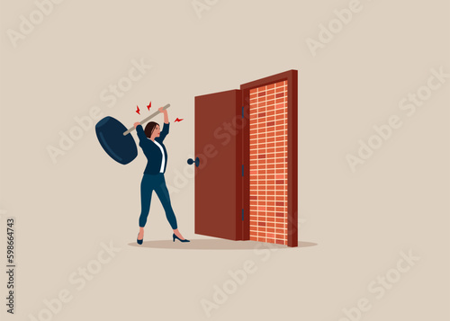 Female with sledgehammer about to brick wall blocking the way. Business dead end obstacle and difficulty to overcome. Flat vector illustration