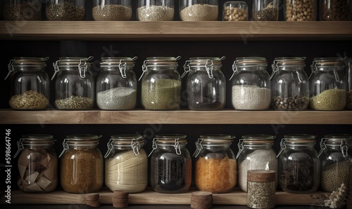  a shelf filled with jars filled with different types of food.  generative ai