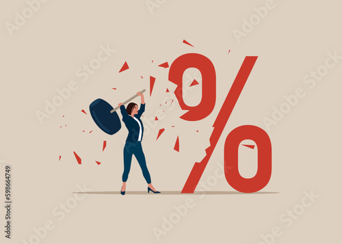 Woman holding sledgehammer hitting percentage sign. Interest downgrade hike or downgrade rate hike due to inflation. Flat vector illustration