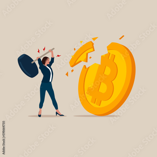 Female  uses sledgehammer and breaks bitcoin. Financial crisis and Global economic money problem, Bankruptcy unpaid loan debt, investment failure. Flat vector illustration.