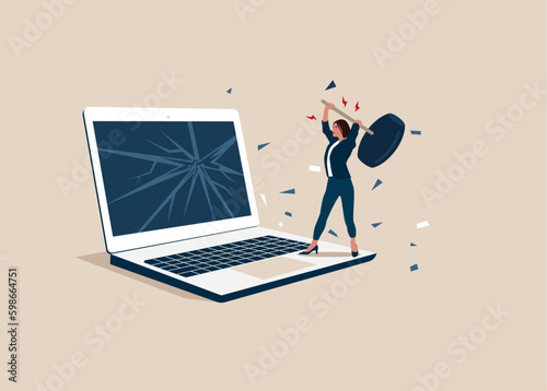 Female user sledgehammer and breaks computer. Frustrated computer user. Office life makes him crazy. Slow internet connection. dealing with error. Flat vector illustration